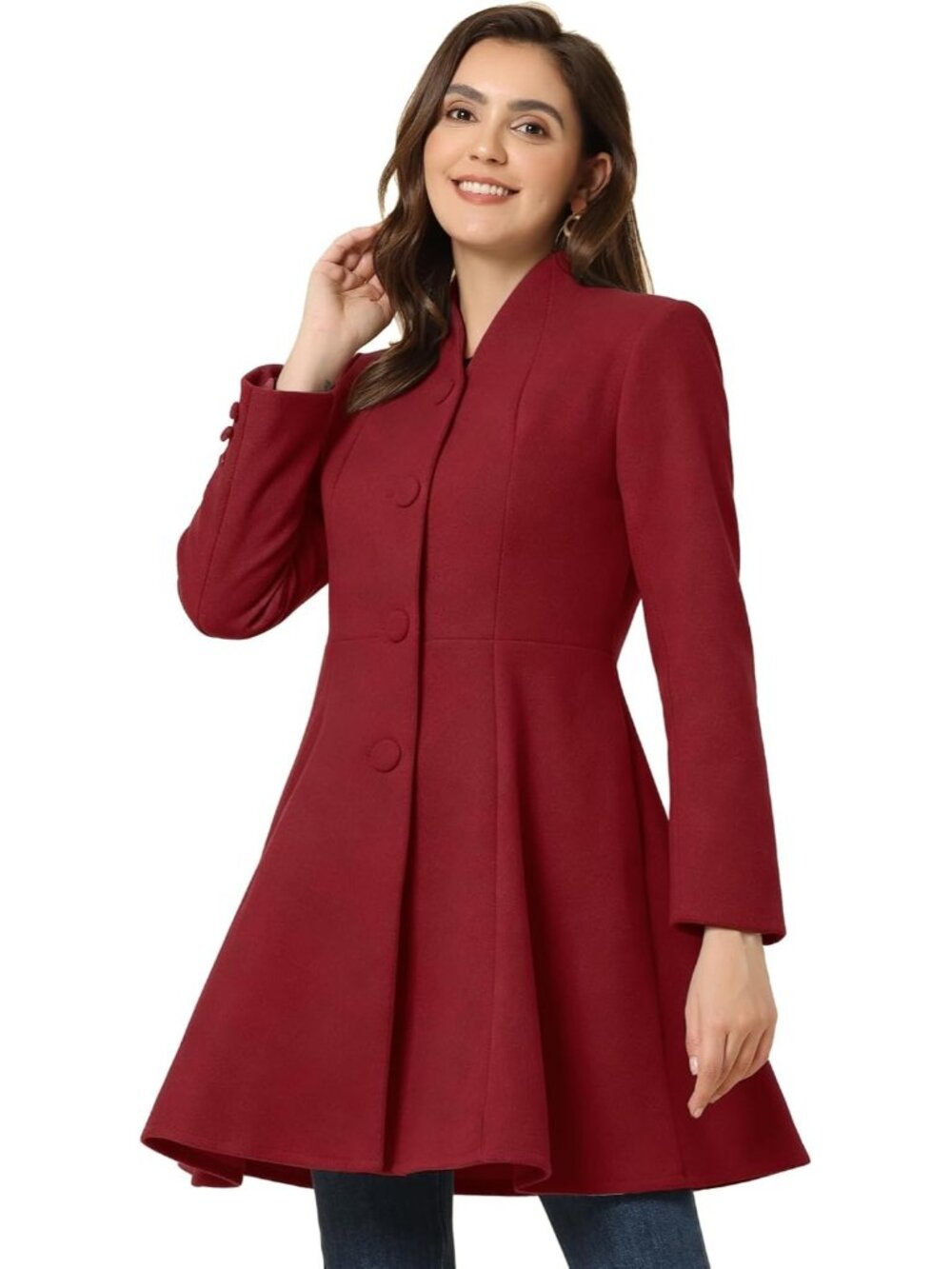 Women's Dark Red Single Breasted A Line Mid-Long Winter Long Sleeve Trench Coat